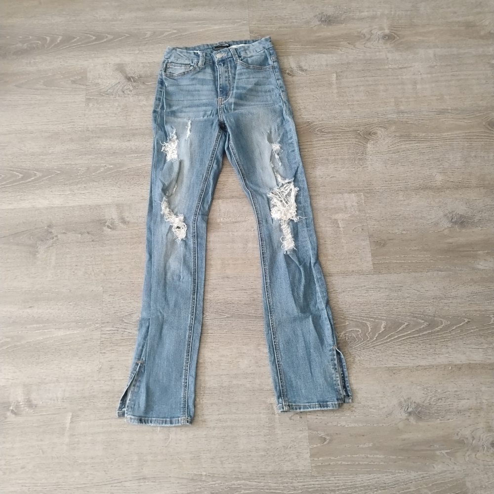 Fashion Nova Light Blue Distressed Straight Leg Jeans